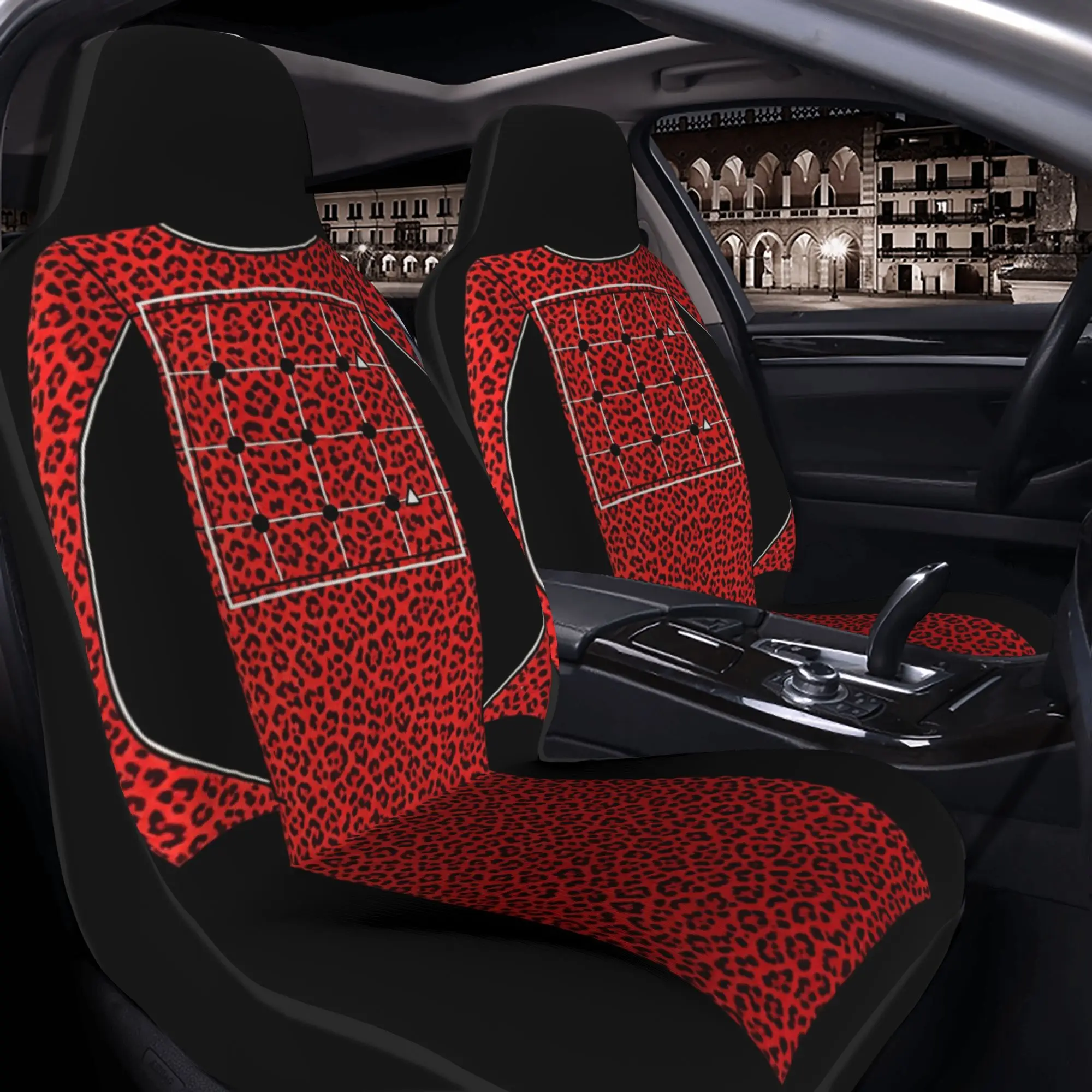 2pcs Red Leopard Print High-End Sense Grid Unique Printed Design Car Seat Cover Breathable Material Car Front Seat Protection Co