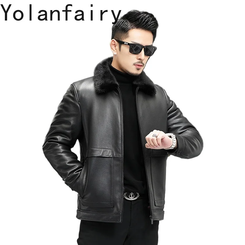 

YOLANFAIRY 100% Real Sheepskin Leather Jackets Man High-end Natural Mink Fur Liner Jacket for Men Warm Winter Mens Fur Coats