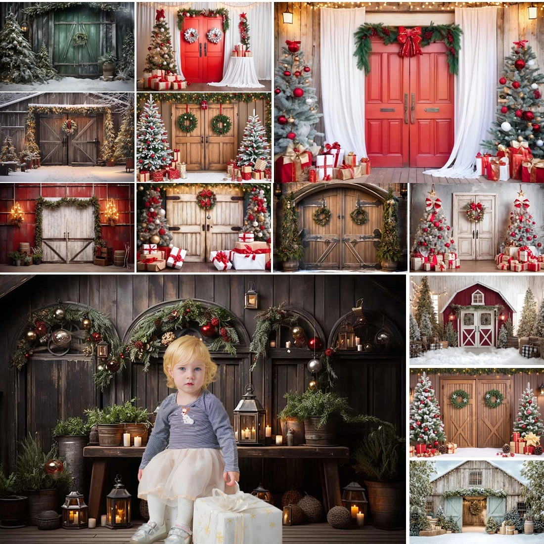 

MOON.QG Rustic Christmas Door Photography Background Gift New Year Garlands Backdrop Photobooth Decoration Photocall Poster