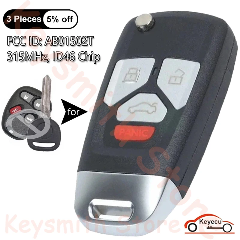 KEYECU 4 Bottoni per Chevrolet Malibu Express Lumina per GMC Sierra Sonoma per Cadillac Aggiornato Flip Chiave A Distanza Fob AB01502T