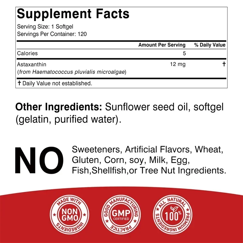 Astaxanthin 12mg - Promote Internal Circulation, Improves Digestion, Supports Eye, Skin and Joint Health, Promote Brain Function