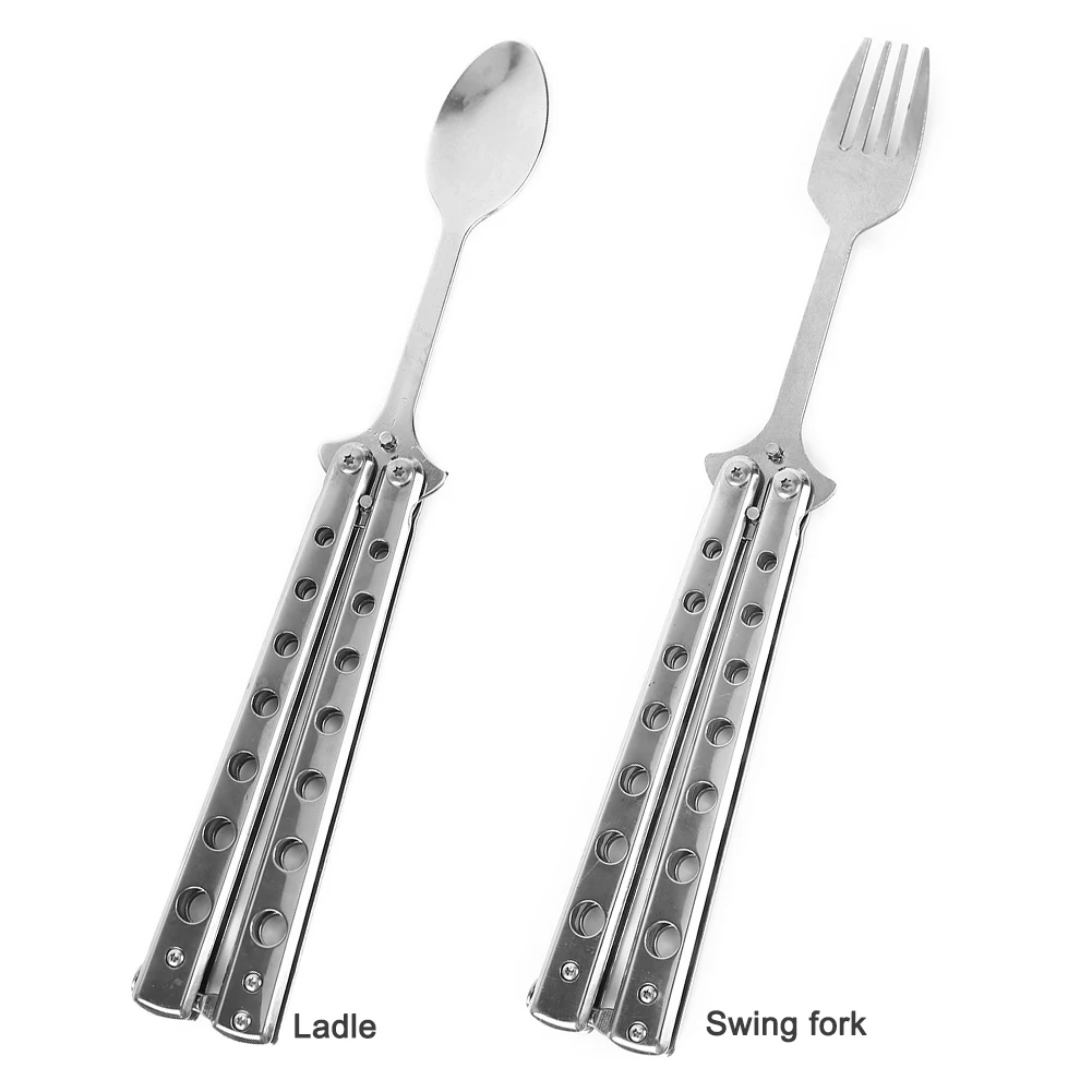 1Pcs Folding Balisong Trainer Spoon Fork Butterfly Game Safety Practice Trainer Camping Tableware Outdoor Accessories