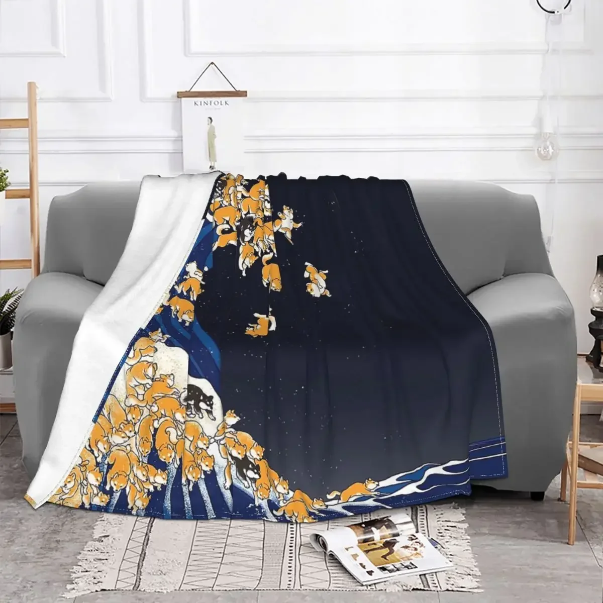 Shiba Inu The Great Wave In Night   Throw Blankets vintage dog cute japanese Blanket for Home Office Lightweight Bed Rug