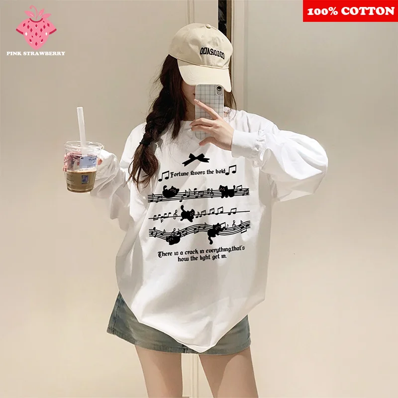 

White T-shirt Women Loose Korean style Autumn 2025 New 100% Cotton Cute Cat Print Long sleeved T-shirt Y2k Tops kawaii clothes
