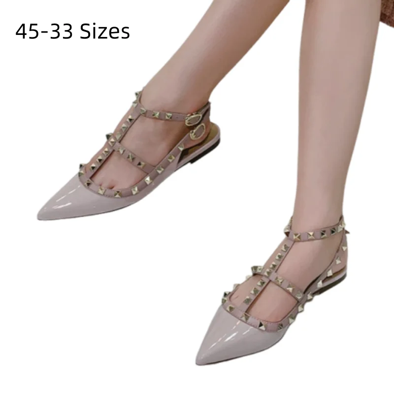 

Lady High Quality 2 Buckles Strap Sanda Point Toe Dazzling Gold Studs Shoes Patent Leather British Style Fashionable Designer 45
