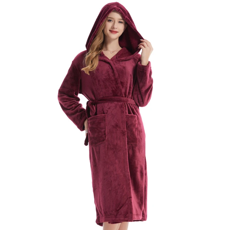 Flannel Hooded Robe for Women Coral Fleece Bathrobe Gown Sleepwear Autumn Winter Thicken Warm Lounge Wear Home Dressing Gown