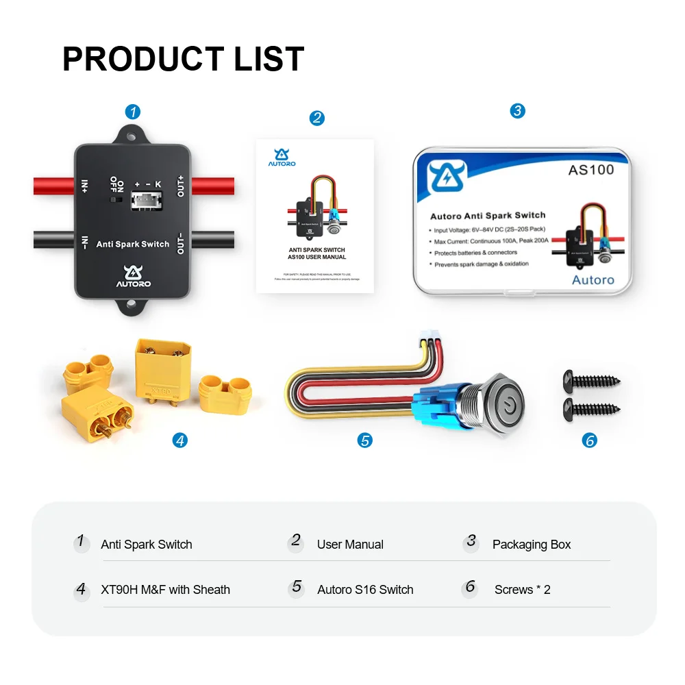 Autoro AS100 안티 스파크 전원 스위치 100A 84V DC – ESC 전기 스케이트보드 스쿠터 RC 자동차 보트 전기 자전거 등을 위한 XT90 커넥터