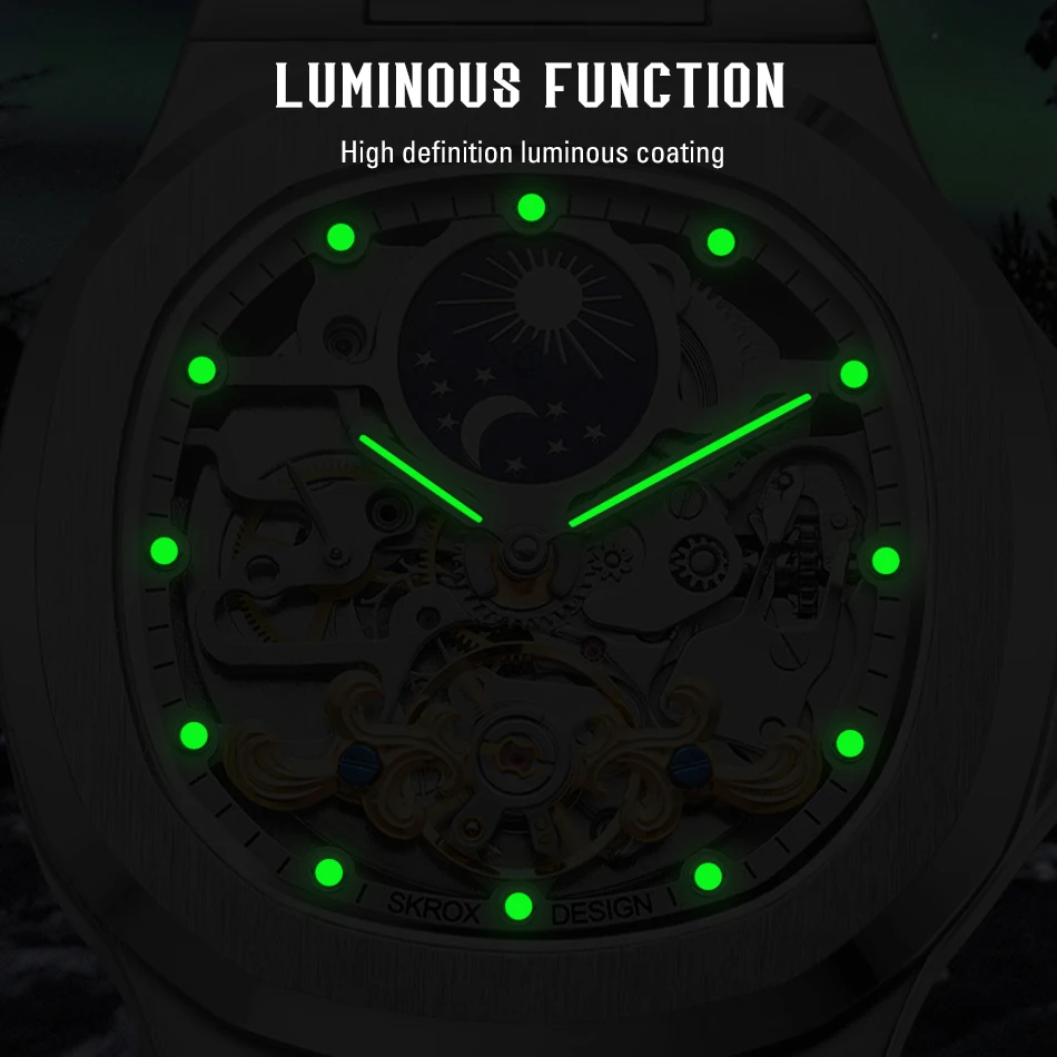 2026 High-end Luxury SKROX Square Man Watch Sapphire Stainless Steel Skeleton Moon Phase Classic Automatic Movement Male Watches