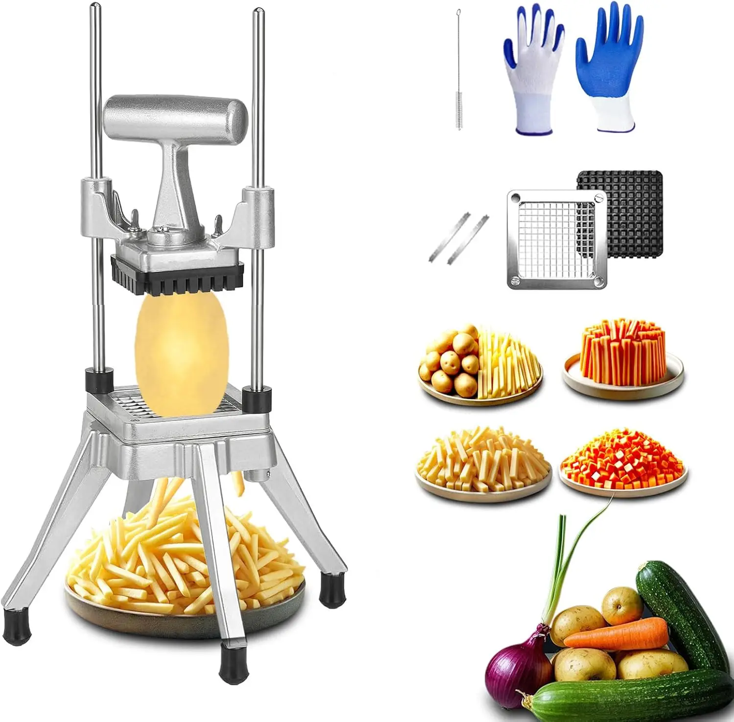 

Commercial Vegetable Chopper & French Fry Cutter with Stainless Steel Blades, Heavy Duty for Potatoes Onions Peppers Mushrooms