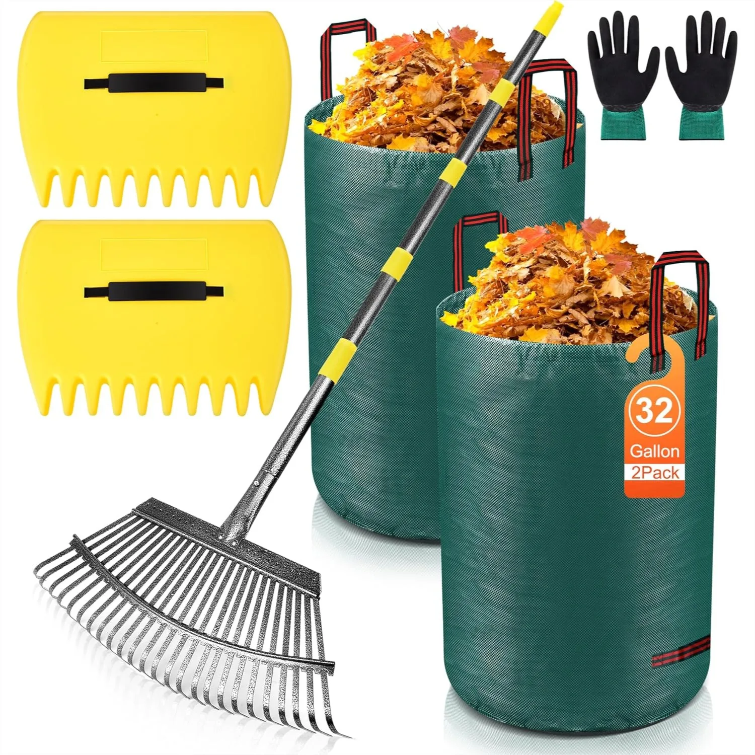 

Adjustable Garden Leaf Rake Set with 18" Wide Head, 25 Tines, 37-79" Handle, Includes 2 Leaf Bags and Scoops for Lawn Cleanup