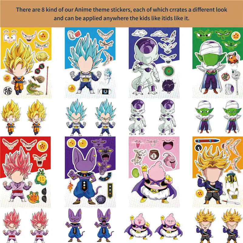 8/16/24 hojas/paquete de pegatinas de rompecabezas de Dragon Ball de Anime, pegatinas de libro para hacer una cara, pegatinas DIY de dibujos animados, juguete, regalo para niños