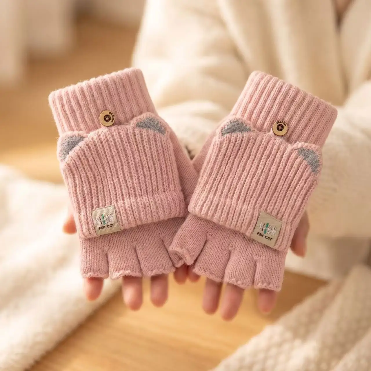 Cute Cat Ear Knitted Gloves Women Winter Warm Half Finger Flip Gloves Soft Plush Knit Mittens for Girls Writing Typing Outdoor