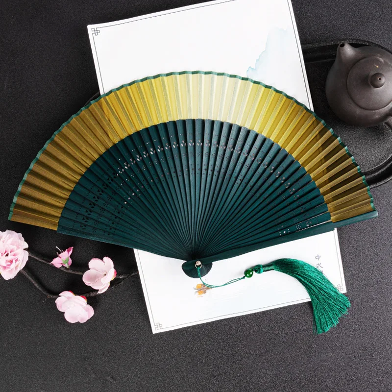 Japanese Chinese Style Folding Fan Ancient Hanfu Fan Luxury Silk Fan Carved Gradient Hand Fans With Tassel Photography Props