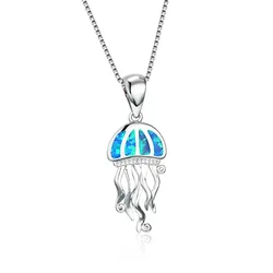 Fashion Cute Sea Jellyfish Pendant Necklace for Women Girl Inlay Imitation Blue Opal Necklace Wedding Party Jewelry Accessories