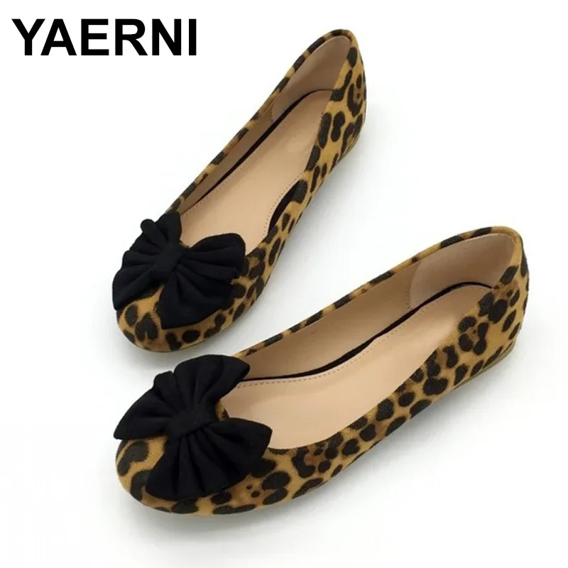 YAERNIFashion Leopard Print BowtieWomen\'s Flats SpringAutumn Flock RoundToe SlipOn BalletFlats For Woman Ladies Casual BoatShoes