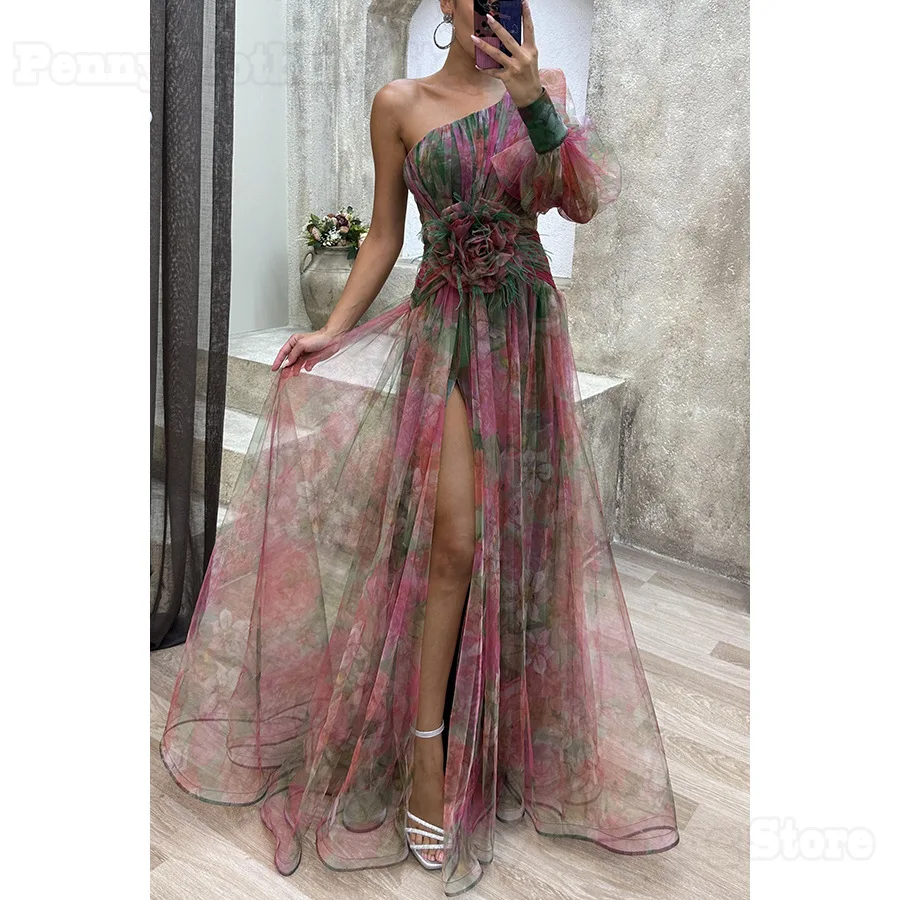 2025 New European And American New Party Mesh Oblique Shoulder Dress Ins Casual Fashion Dress Women's Evening Dress