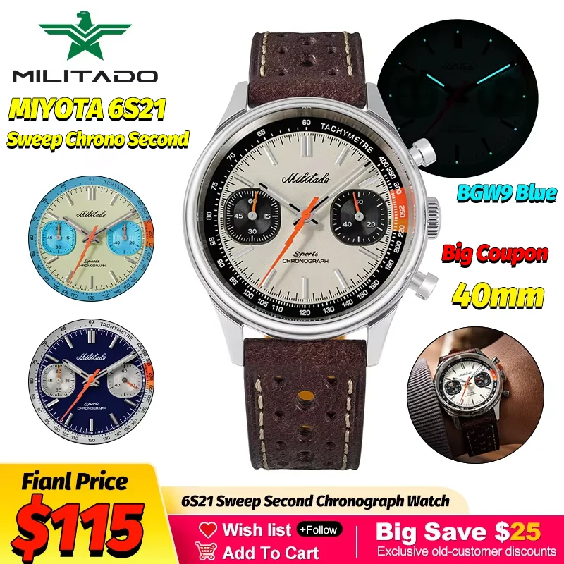 Militado ML23 Sports Chronograph Watches Miyota 6S21 Quartz Watch Panda Dial Sapphire BGW9 Waterproof 40Mm Retro Leather Strap
