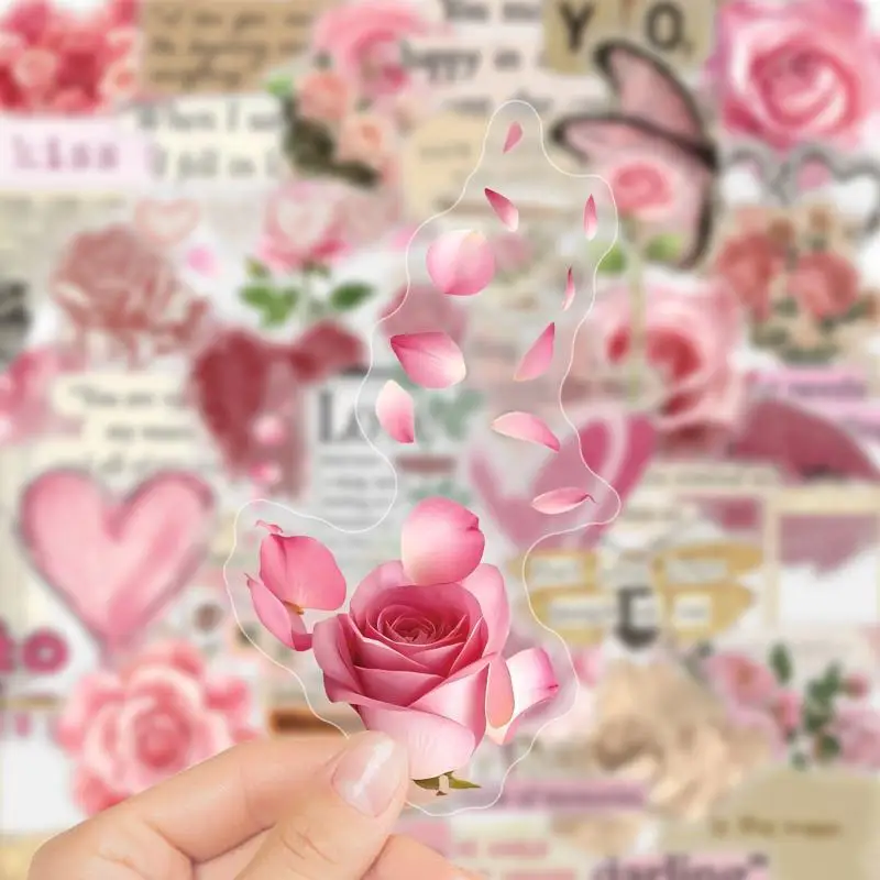 50 Pcs Vintage Rose & Love PVC Graffiti Stickers Retro Style Unique Decorative Journal Labels Handmade Art Supplies