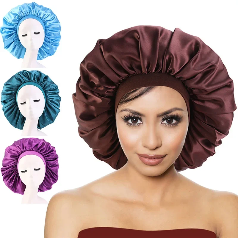 

Extra Large Double Layer Satin Bonnet Women Solid Color Turban Silky Comfortable Night Sleep Cap Salon Lady Make Up Head Wear