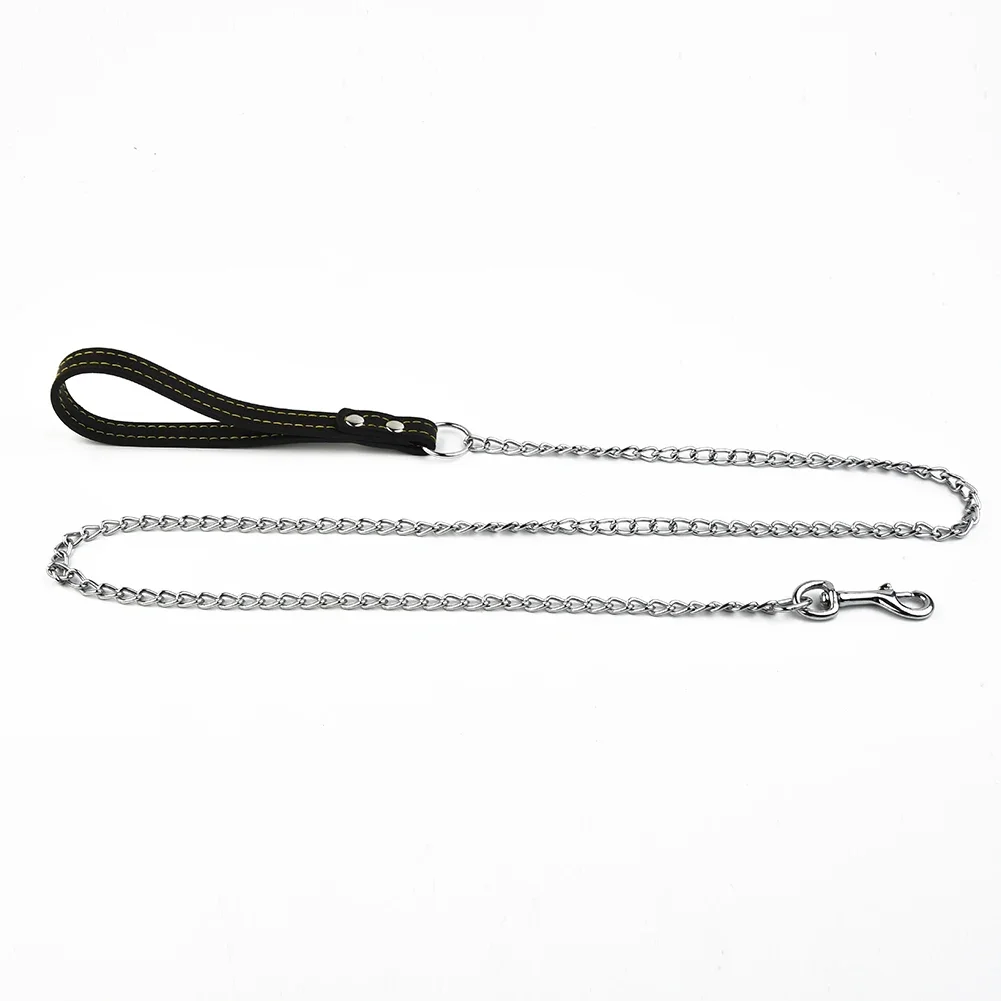 Reliable Metal Chain Dog Leash With Comfortable Leather Handle Secure Control For Strong And Active Energetic Pets