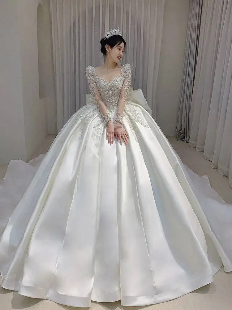 Satin Wedding Dress New Bride Long Sleeve Heavy Duty Luxury White Wedding Gown Main Yarn Pregnant Women\'s Square Neck Slim Tail