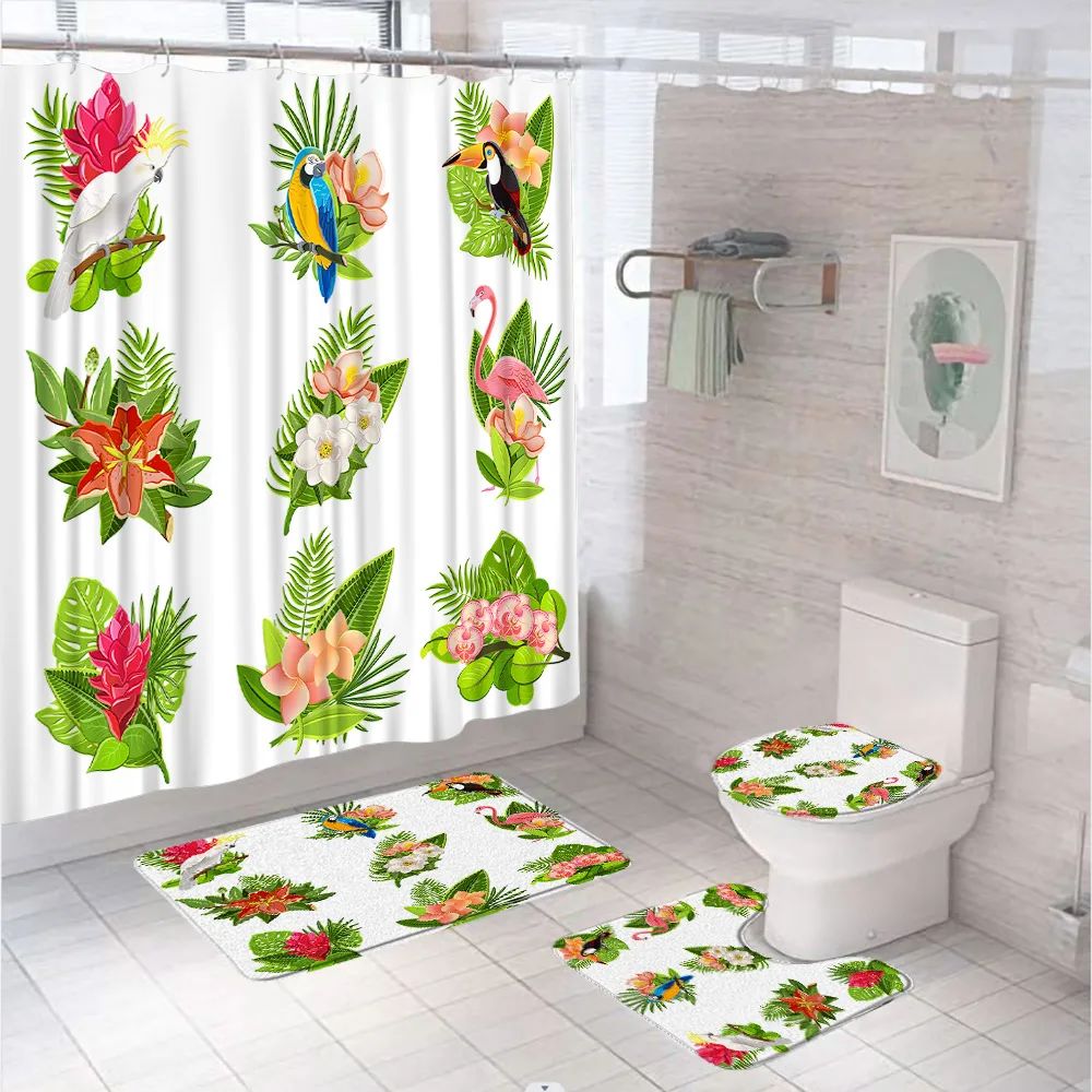 Tropical Green Leaves Bathroom Curtain Set Bird Flamingo Parrot Toucan Hibiscus Shower Curtains Rug Bath Mat Carpet Toilet Cover