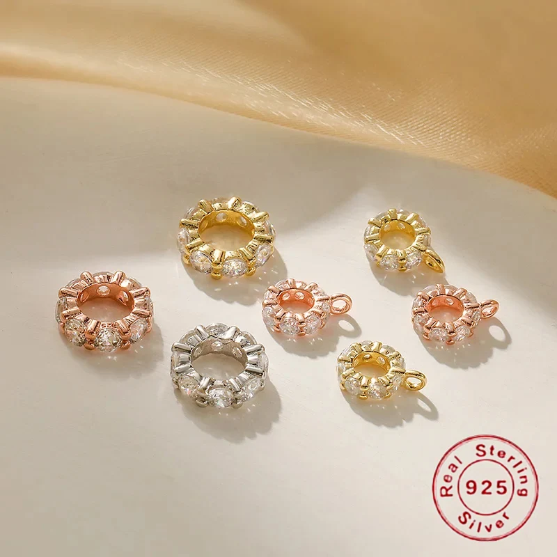 S925 Sterling Silver inlay zirconia round large hole spacer beads for DIY bracelet necklace jewelry SZ21