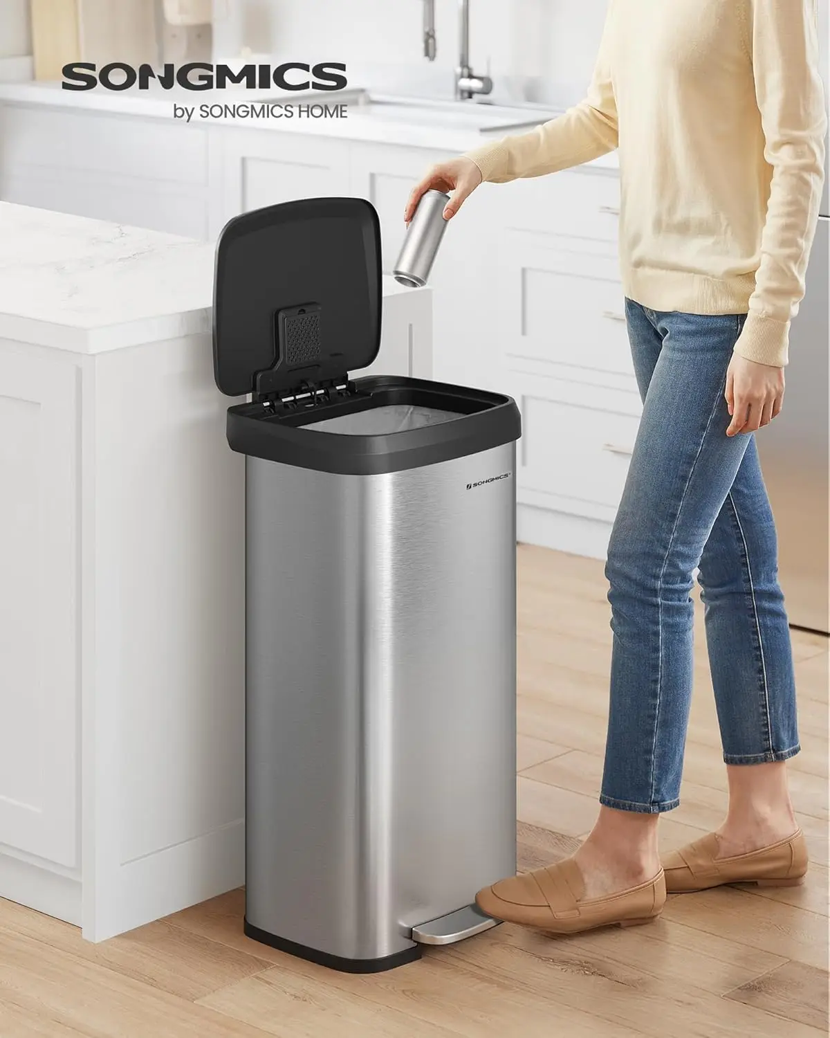 SONGMICS Kitchen Bin, 18 Gallon (68 L) Rubbish Bin, Metal Waste Pedal Bin with Lid, Tall and Large