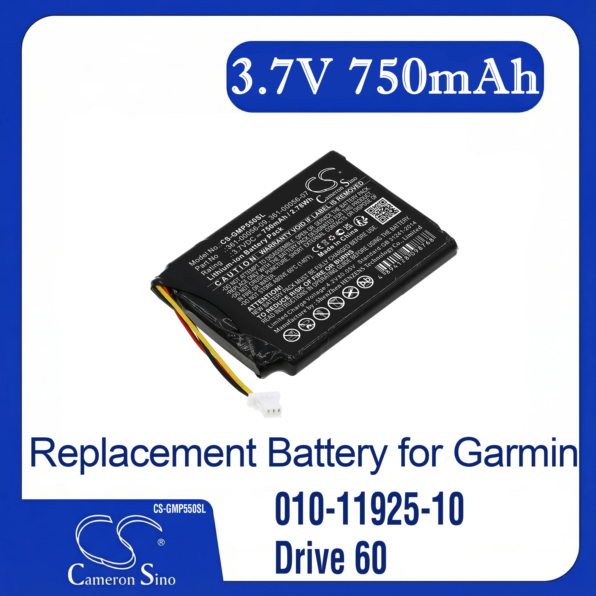 

Cameron Sino Replacement Battery for Garmin 010-11925-10, Drive 60, Drive 61,, Fits P/N 361-00056-07,361-00056-09,361-00056-15
