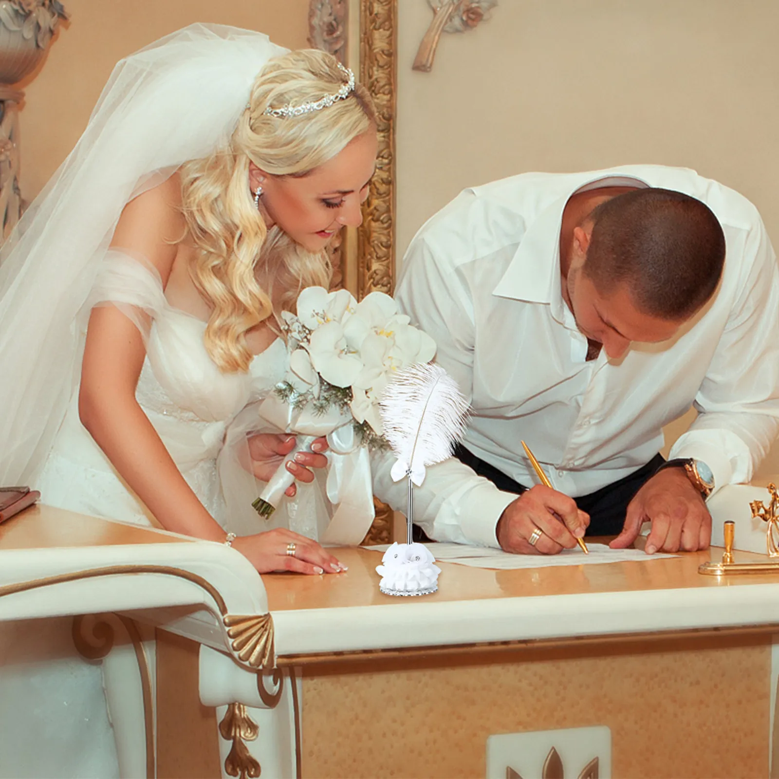 

1Set Retro Signature Pen Smooth Writing Wedding Supplies Stainless Steel Rhinestone Trim Clear Stand Silver