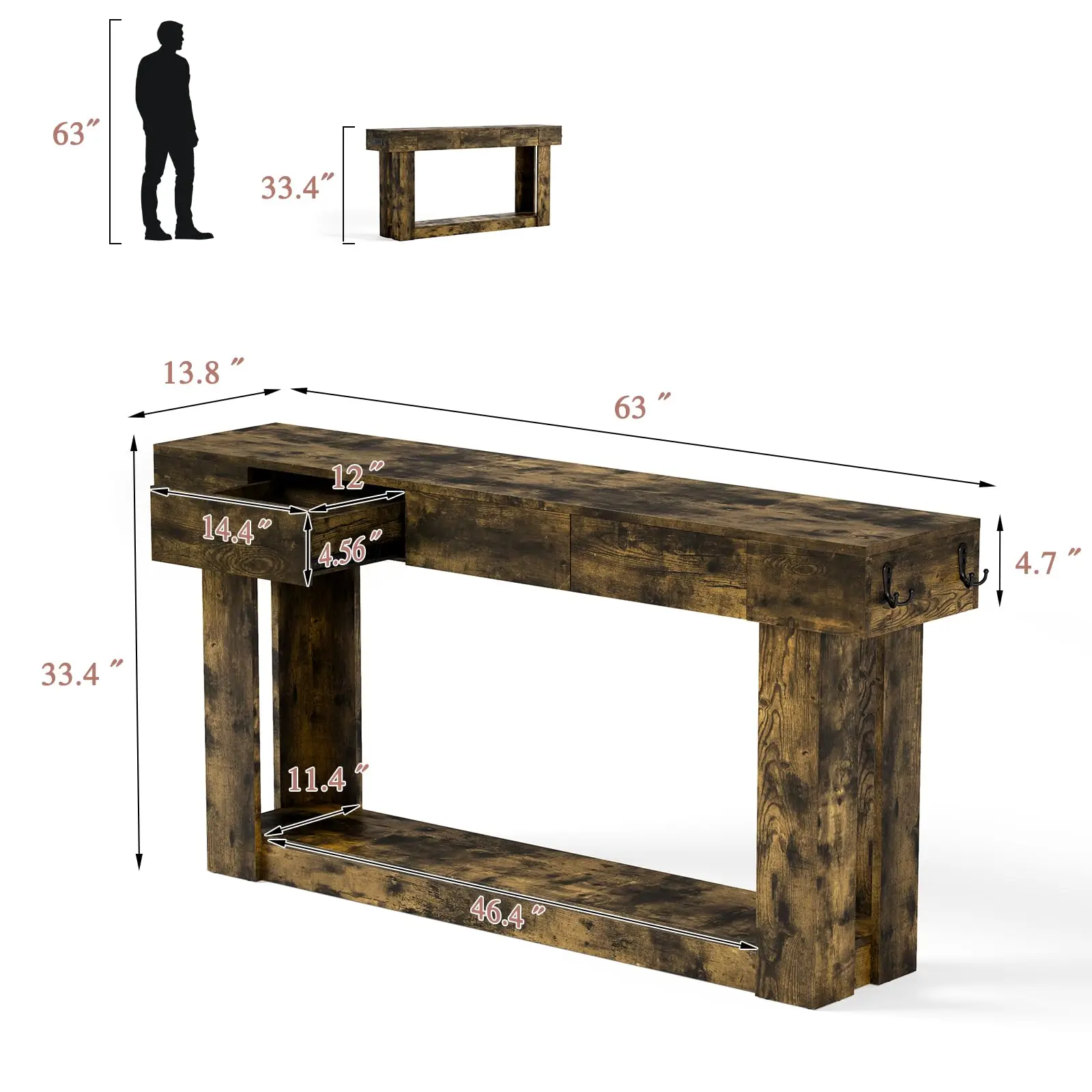 63'' Console Table with 3 Drawers and Open Storage, Entryway Table with Socket, LED Light and Hooks, Narrow Long Wood
