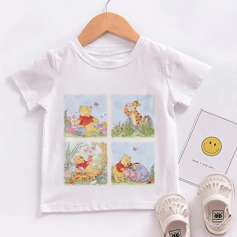 Disney Series Cartoon Winnie The Pooh 2024 Summer Children Clothes Print T-shirt Boy Girl Pink White Fashion Baby Casual Clothes