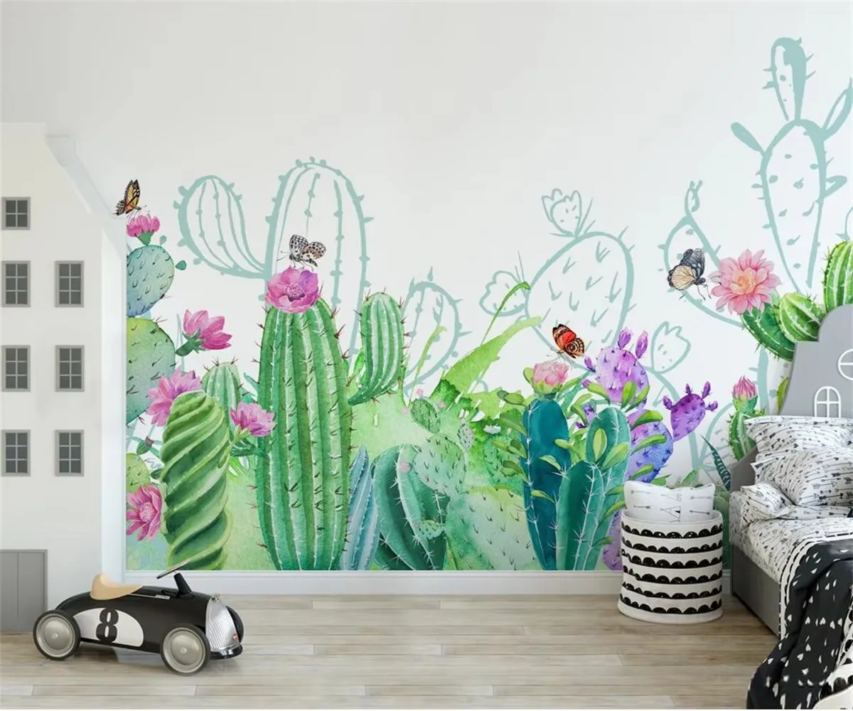 Fotobehang Nordic Cactus Tropische Plant bloemen Muurschildering Woonkamer Slaapkamer Interieur decoratieve waterdichte zijden muurschildering