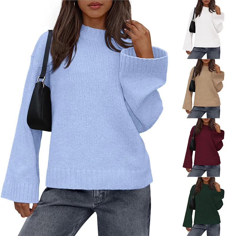 

2025 Autumn/Winter New Product Women's Casual Round Neck Loose Solid Color Long Sleeve Trumpet Knitted Sweater