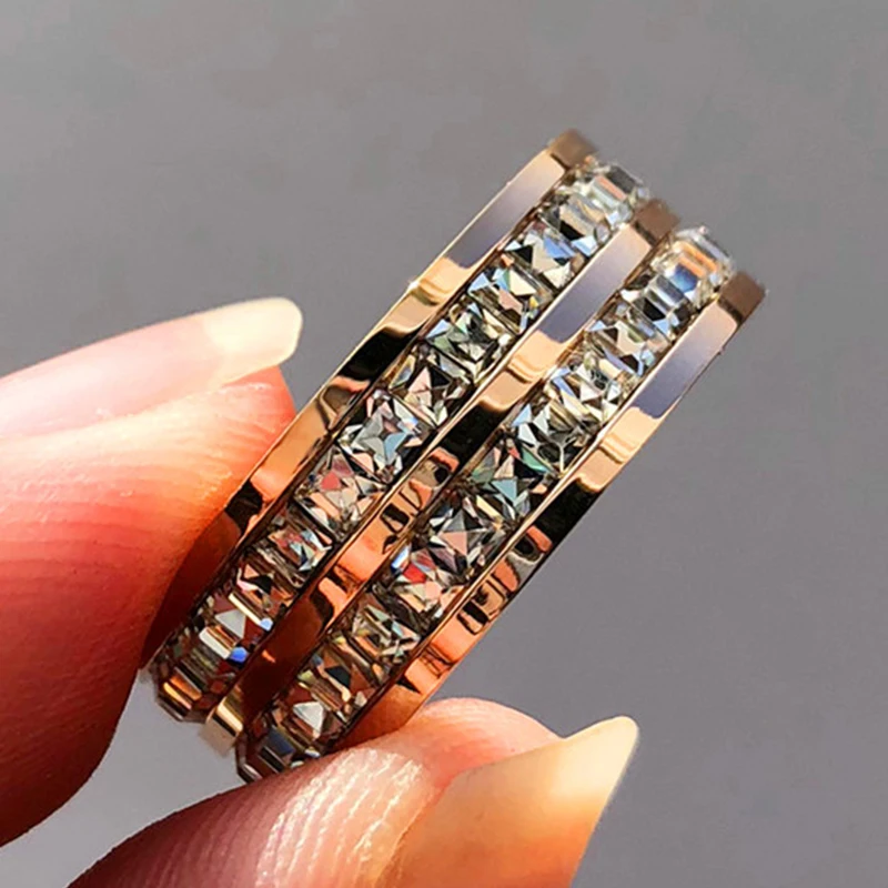 Luxury Rose Gold Color Double Row Square Zircon Stainless Steel Wedding Rings For Women Fashion Charm Promise Engagement Jewelry