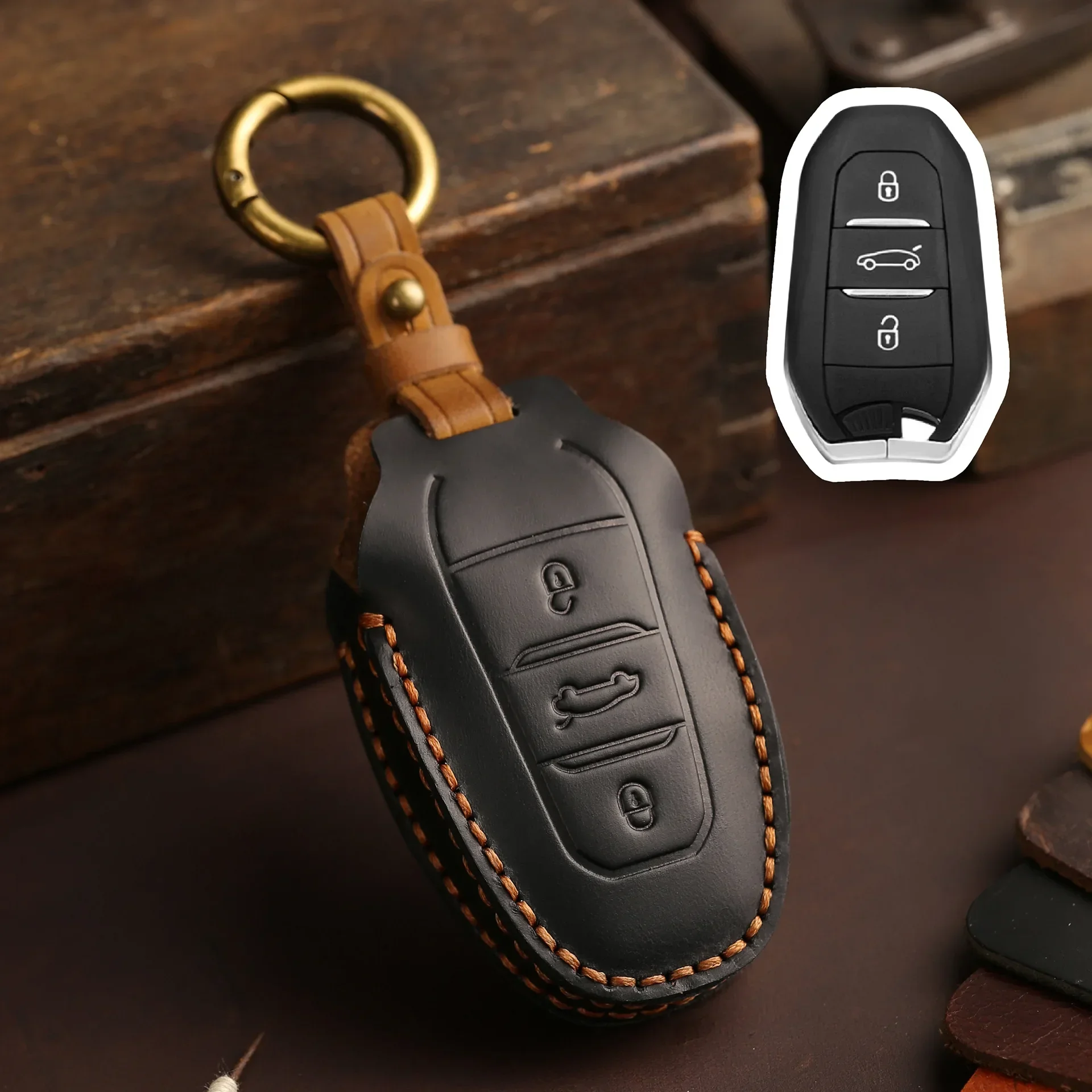 Leather Key Case for Peugeot 207 208 3008 206 308 508 2008 407 5008 301 for Citroen C3 C4 C5 Berlingo Remote Car Cover Keychian