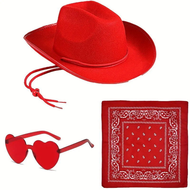 3pcs Adult Western Cowboy Costume Accessories Lace Up Cowboy Hat Handkerchiefs Glasses Set Men Women Halloween Party Dress Up