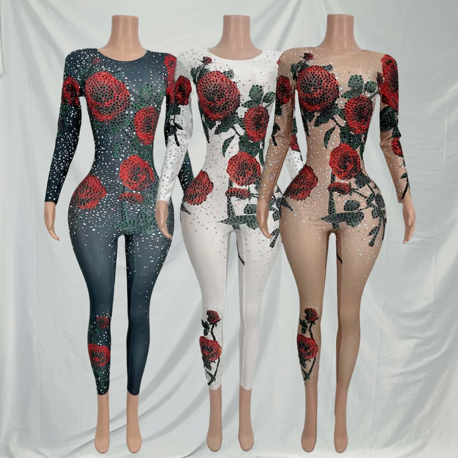 

Meiguiku Romantic Rose Pattern Rhinestone Stretch Skinny Leotard Nightclub DJ Stage Costumes Pole Dancing Performance Jumpsuit