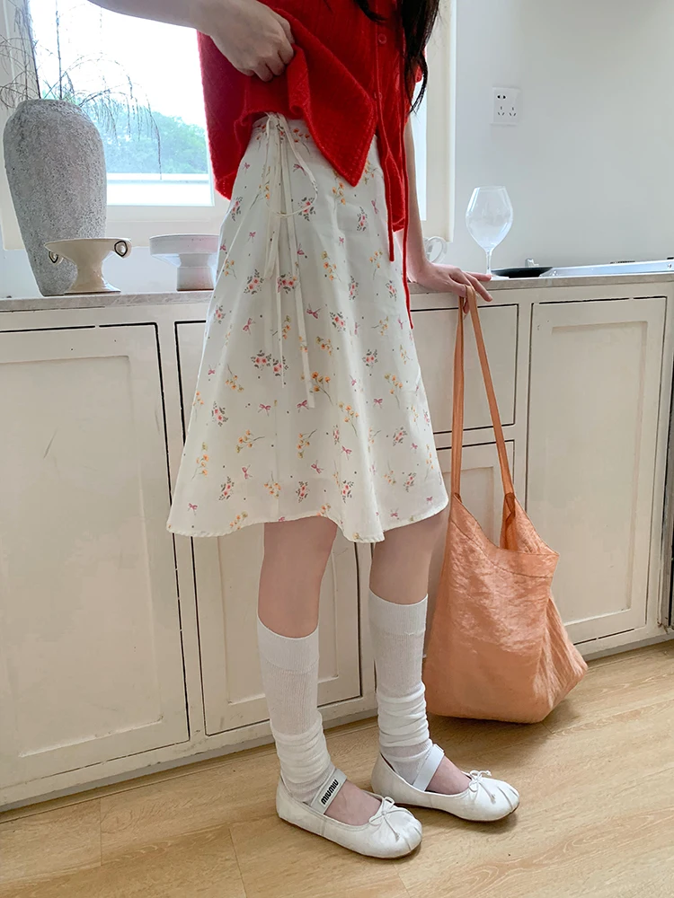 

Юбка с высокой талией и цветочным принтом, женская, в стиле кантри, А-силуэт, стройнящая, весенняя новинка, повседневная одежда