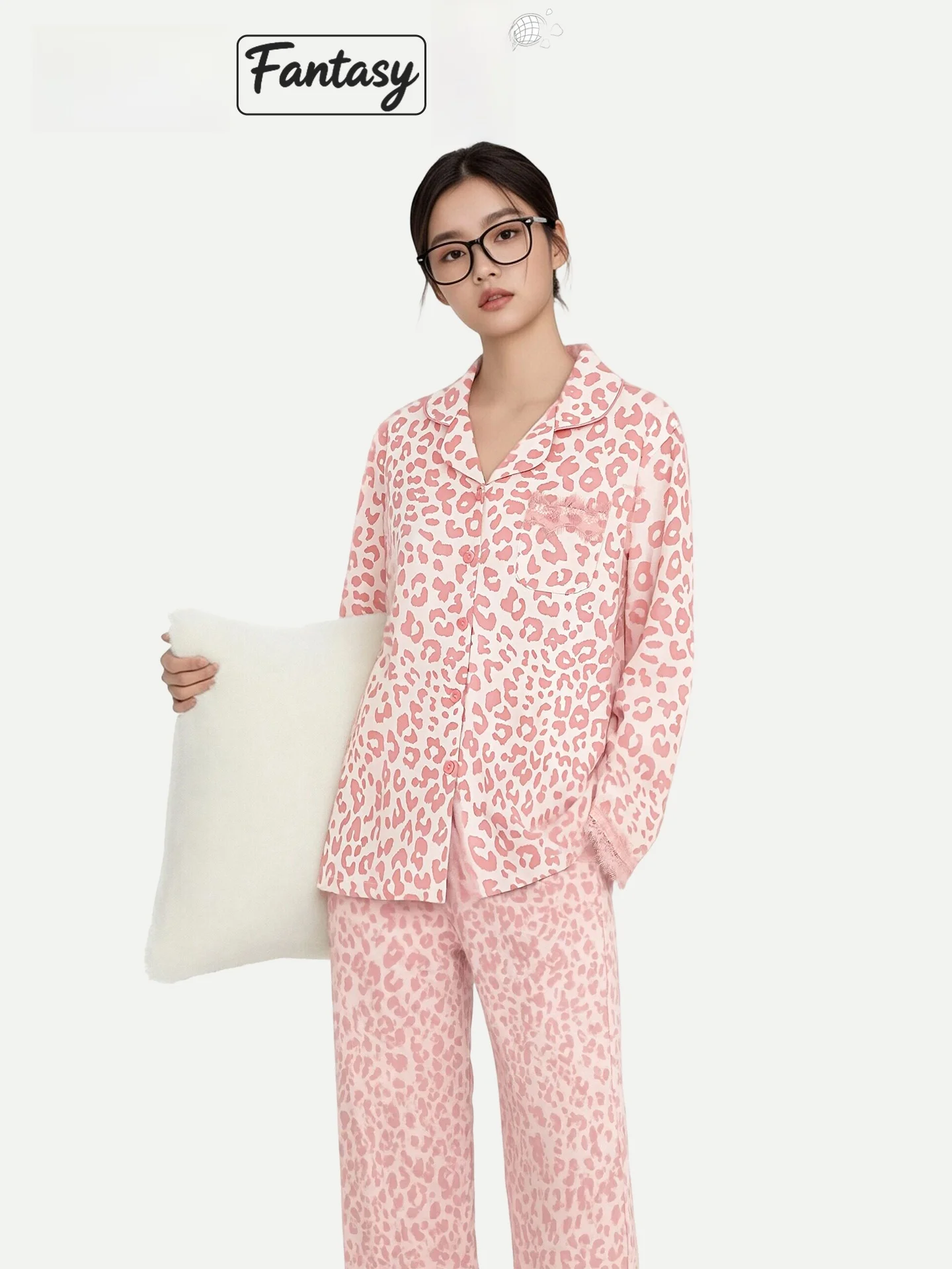 PinkBread Ladies Pink Leopard Print Cotton Pajamas Long Sleeve Long Pants Home Clothes Suitable for Outdoor Wear Spring Autumn