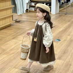 Girls Casual Dresses Autumn New Childrens Clothing Korean Broken Flowers Long Dress Puff Sleeve Cotton 2024 Loose