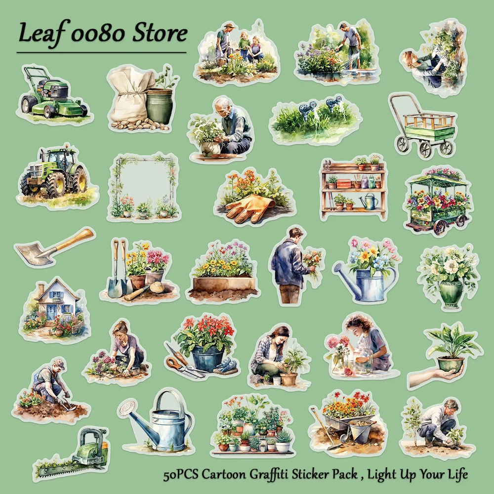 

50PCS Green Garden Stickers Cartoon Potted Plant Decals For Pencil-box Laptop Scrapbook Fridge Luggage PET Transparent Stickers