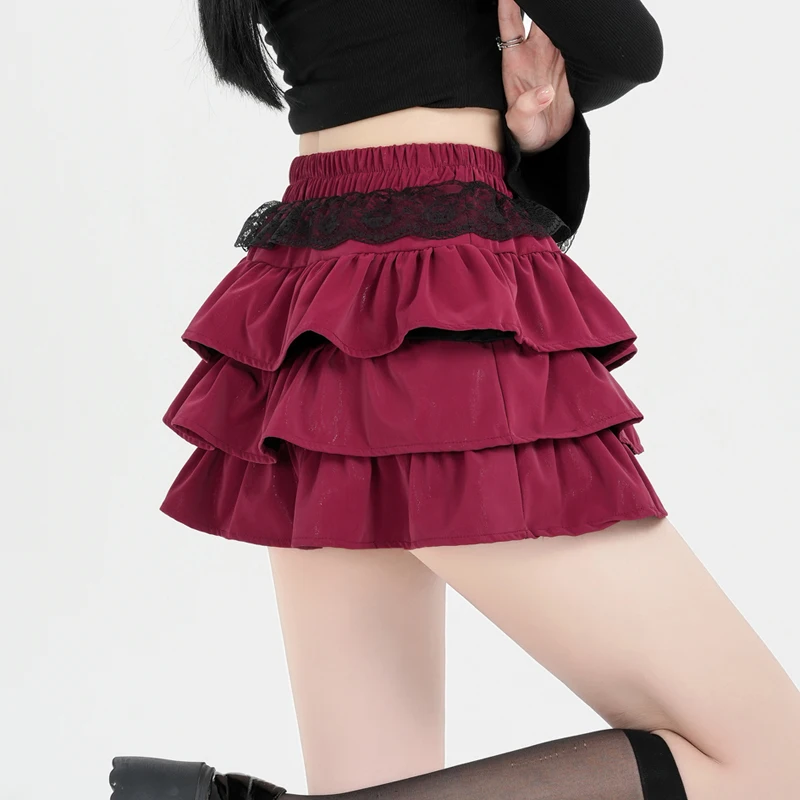 Cake Puff Skirts Women Designed Hotsweet Girl PU Leather Cute Pleated Micro Mini Skirt Y2k Female Stylish Fall Winter Lace Skirt