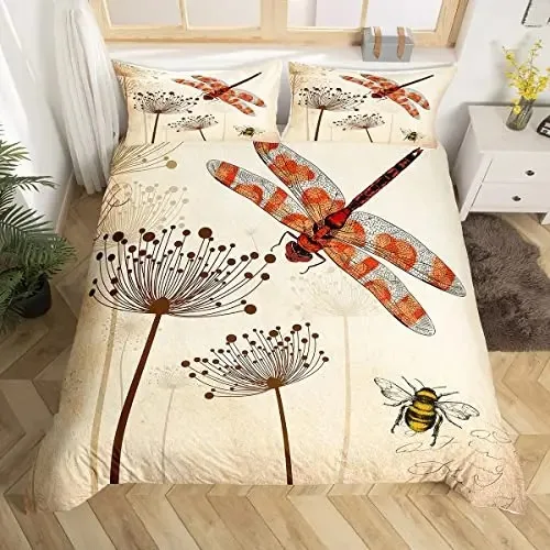 

Vintage Dandelion Duvet Cover Queen Set,Retro Dragonfly Animal Bedding Set 3pcs for Kids,Countryside Plant Cover Soft Home Decor