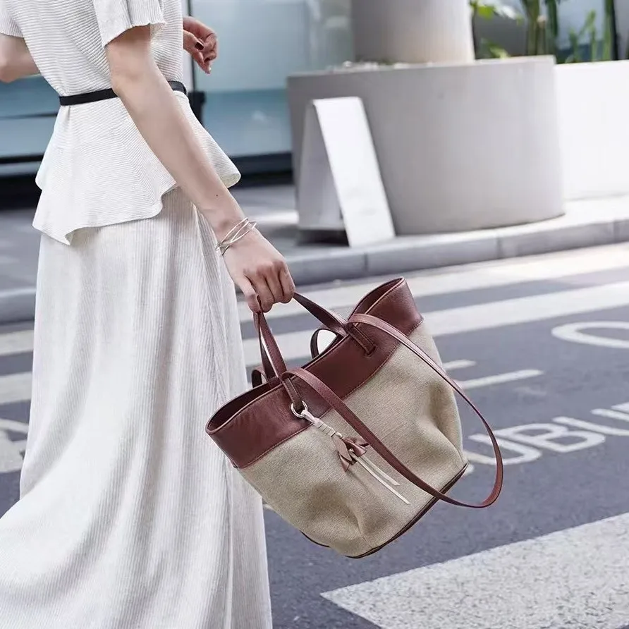 Senior Sense Genuine Leather And Linen Patchwork Women’s Shoulder Bag New Trendy Versatile Large-capacity Commuter Tote Bag