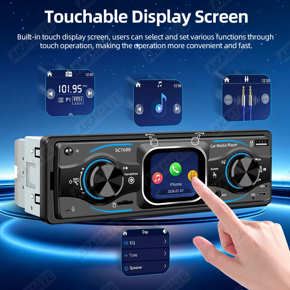 MP3 Car Radio With Touch Screen Bluetooth AUX USB TF Card DSP Type-C Voice Assistant Universal For VW BMW Benz Toyota Radio 1Din