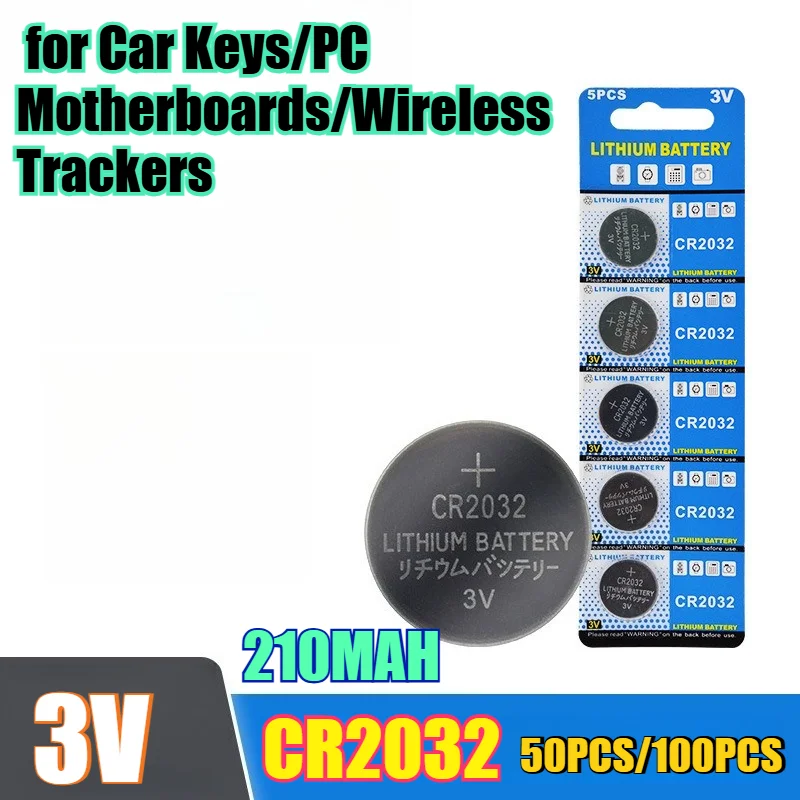 50PCS/100PCS 210mAh CR2032 Lithium Coin Battery for Car Keys/PC Motherboards/Wireless Trackers 3V Long-Lasting & Leak-Proof