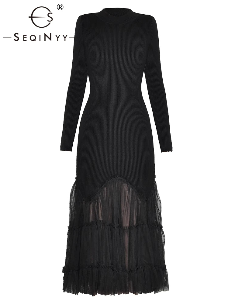 

SEQINYY Elegant Black Dress Spring Autumn New Fashion Design Women Runway High Street Knitting Spliced Mesh Ruffles Casual