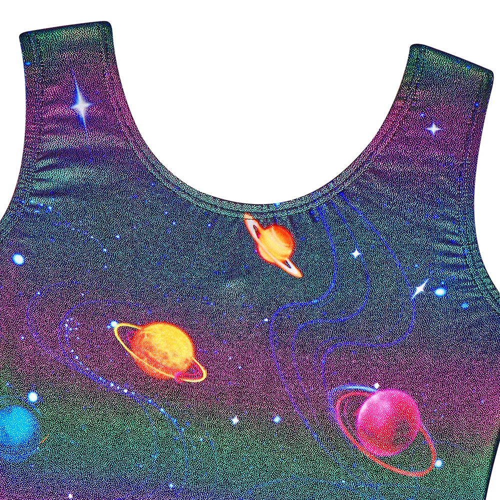 Kind Hoge Kwaliteit Spandex Glanzende Mouwloze Tank Maillots Ritmische Kunst Gymnastiek Pak Metallic Bodysuit Danskostuums Sparkly