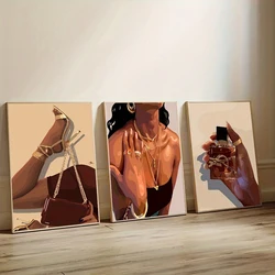 3PCS/Sets Black Girls Art Posters Canvas Painting Fashion Bag Jewelry Perfume Pictures and Prints Wall Art for Bedroom Decor